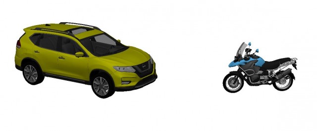 Modelli 3D della Nissan X-Trail 2017 e della BMW 1200GS anno 2007